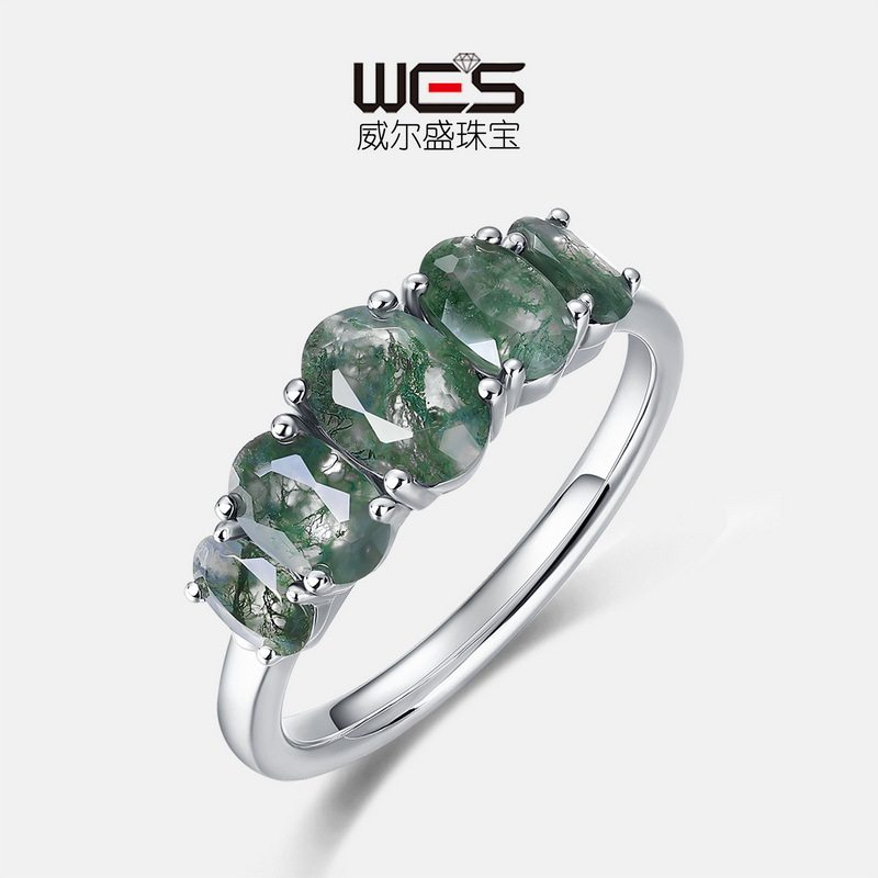 新款时尚水草玛瑙戒指S925银镀18K金PT950铂金绿苔藓石指戒