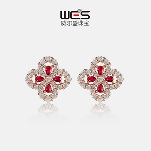 新款S925银镀18K金四叶花瓣培育红宝耳钉女满镶彩宝宝石耳环清新