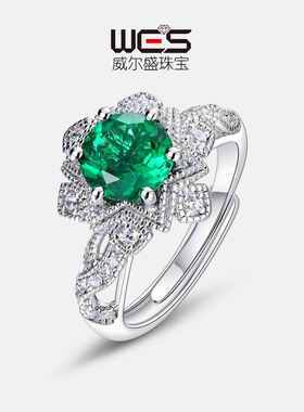 珠宝新品S925银镀18K金镶嵌彩宝宝石培育祖母绿戒指女复古首饰