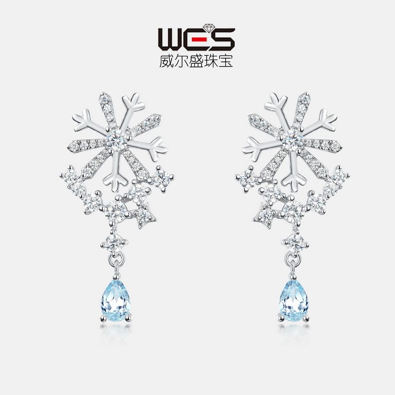 新款雪花时尚耳饰女S925银镀18K金镶嵌彩宝宝石天空蓝托帕石耳坠