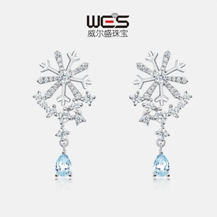 新款雪花时尚耳饰女S925银镀18K金镶嵌彩宝宝石天空蓝托帕石耳坠