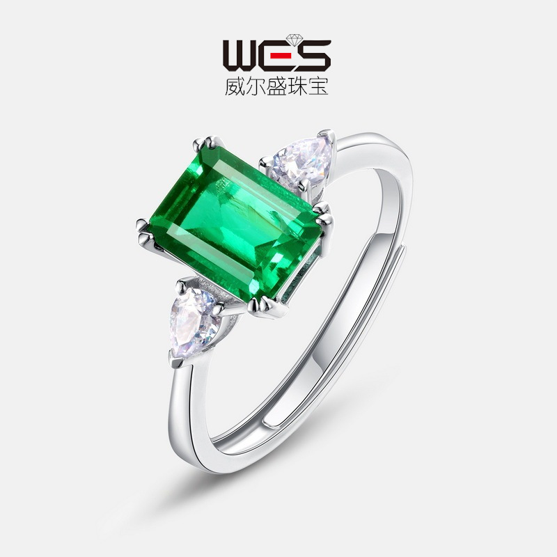 威尔盛珠宝新款S925银戒指女款简约公主方培育祖母绿彩宝宝石饰品