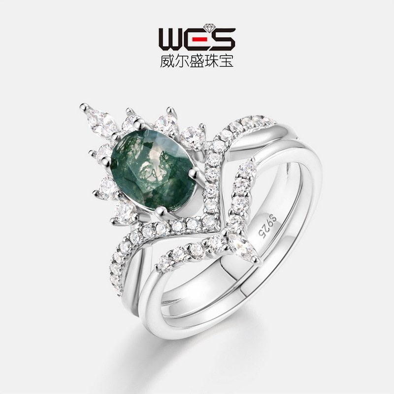 皇冠天然水草玛瑙戒指S925银镀18K金PT950铂金镶绿苔藓对戒时尚