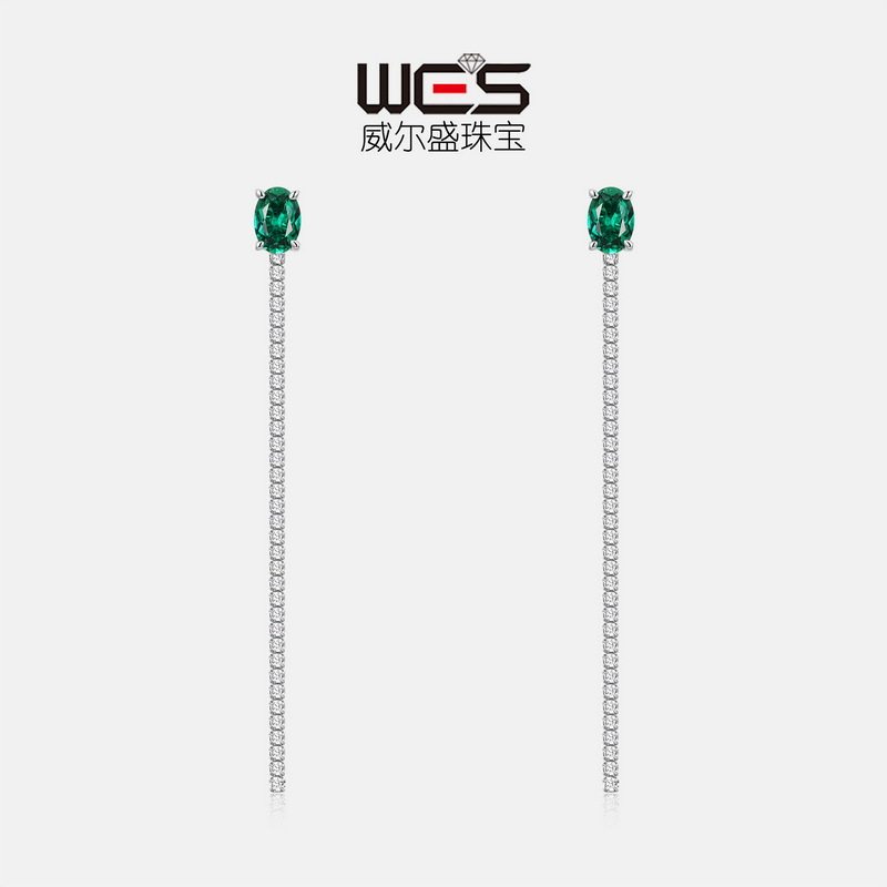 时尚流苏链条培育祖母绿耳钉S925银镀18K金PT950铂金耳坠轻奢风