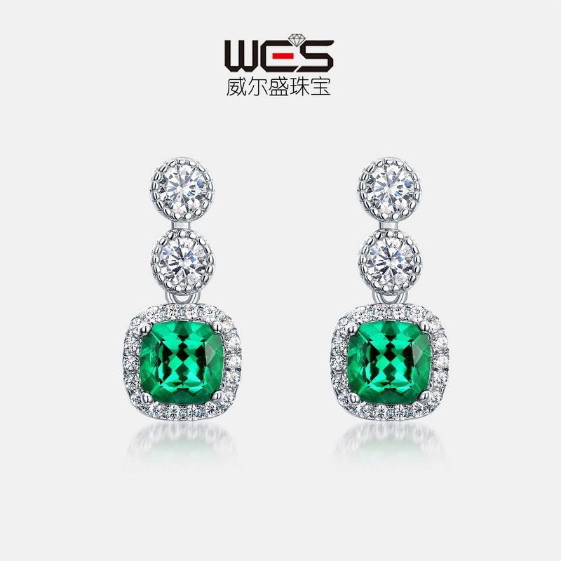 新品S925银镀18K金耳坠女培育祖母绿复古耳饰高贵欧美风彩宝宝石