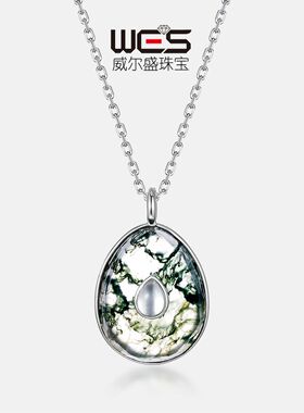 新纹路天然绿苔藓石S925银镀18K金PT950铂金镶水草玛瑙项链女