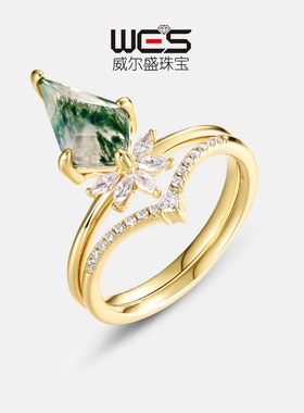 皇冠绿苔藓石戒指S925银镀18K金镶嵌彩宝宝石水草玛瑙组合戒指