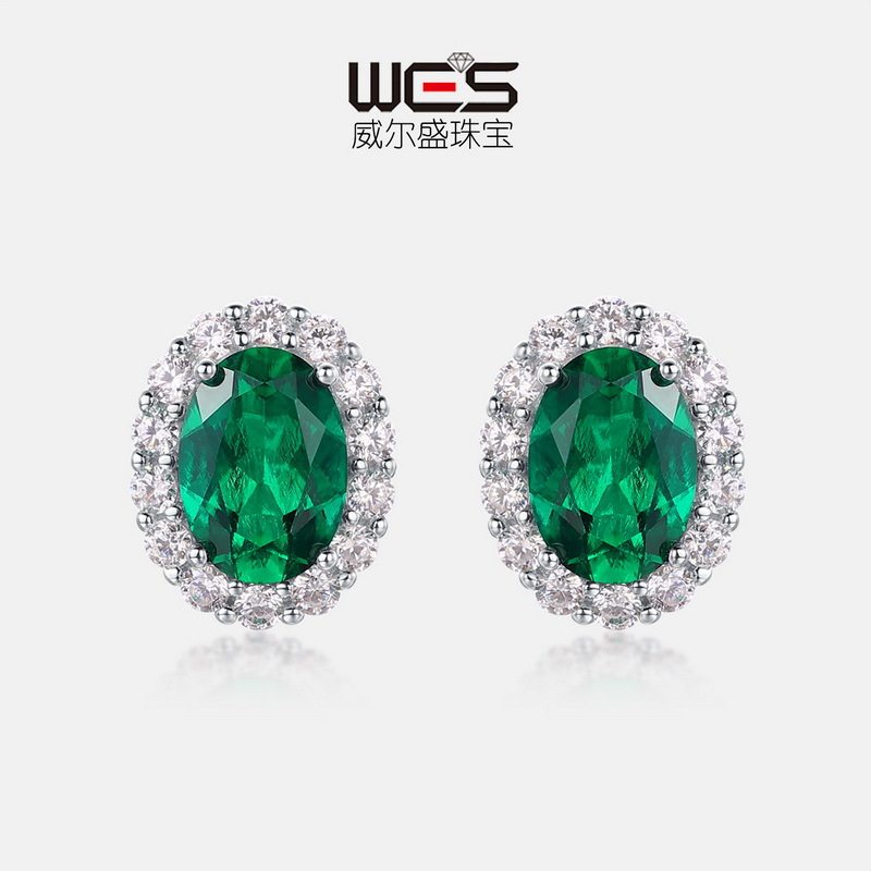 新款椭圆培育祖母绿复古耳钉S925银镀18K金满镶彩宝耳饰欧美轻奢