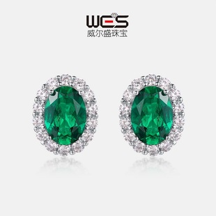 新款椭圆培育祖母绿复古耳钉S925银镀18K金满镶彩宝耳饰欧美轻奢