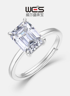 欧美新款直方八角璀璨莫桑石戒指S925银镀18K金镶嵌彩宝宝石指戒