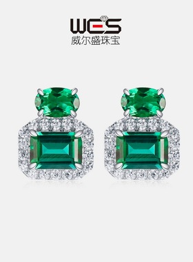 新品S925银镀18K金培育祖母绿耳钉女满镶彩宝宝石耳坠复古风高贵