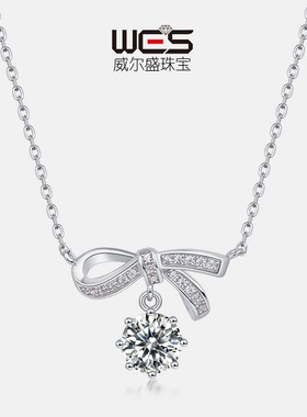 新款蝴蝶结项链S925银镀18K金璀璨莫桑石满钻锁链女彩宝宝石轻奢