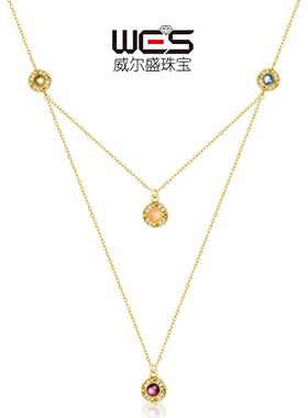 新款S925银镀18K金镶嵌彩宝宝石双层锁骨链复古彩色糖果宝石项链