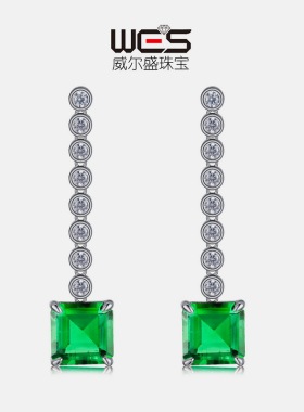 新款S925银镀18K金镶嵌彩宝宝石实验室培育祖母绿耳坠女链条耳饰