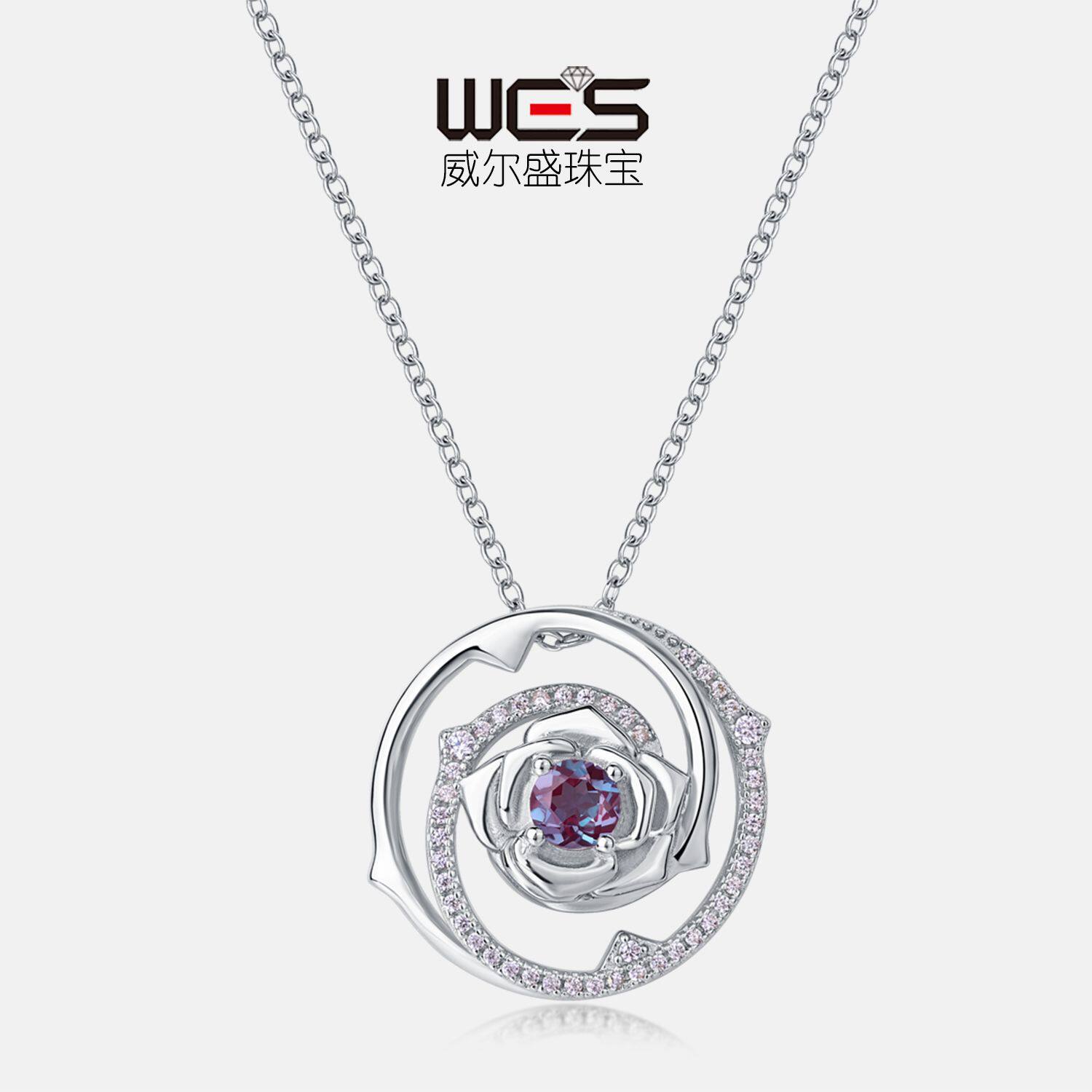 新款轻奢玫瑰花吊坠S925银镀18K金PT950铂金亚历山大石项链锁骨链