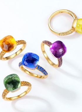 时尚轻奢多色糖果戒指S925银镀18K金镶彩宝宝石指戒法式小众设计