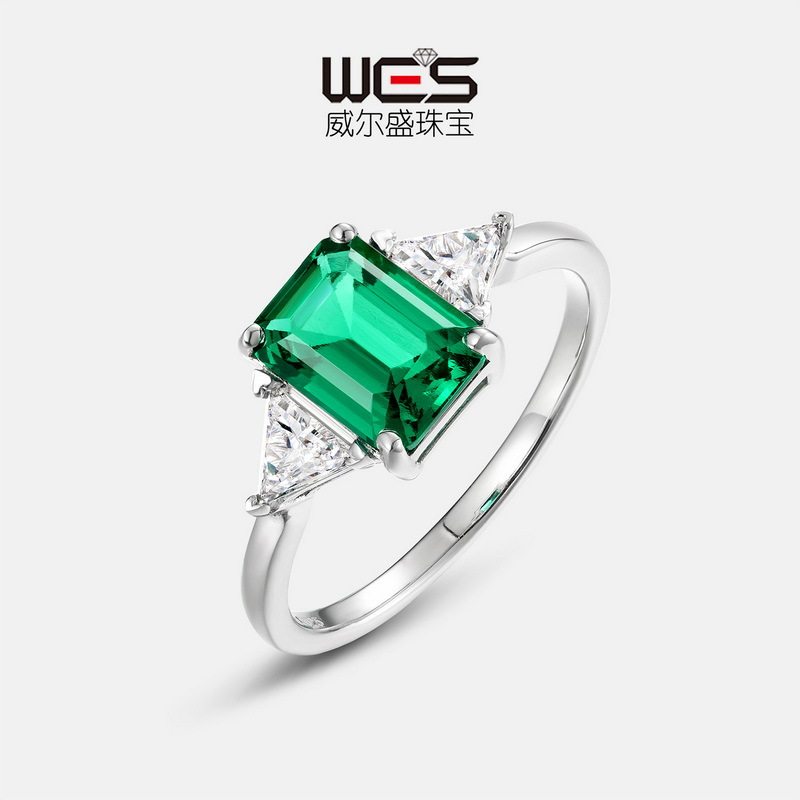 新品长方培育祖母绿戒指S925银镀18K金PT950铂金食指戒高端优雅