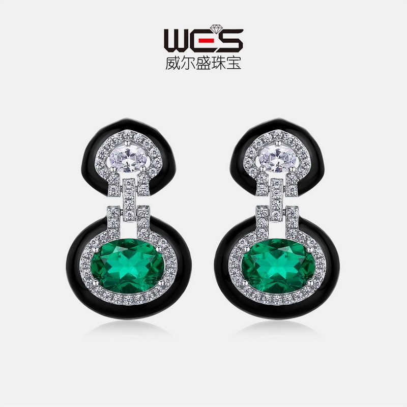 几何培育祖母绿耳钉S925银镀18K金PT950铂金黑色培育彩宝耳饰轻奢