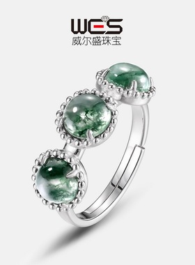 新款S925银镀18K金镶嵌彩宝宝石绿苔藓戒指三石复古开口指戒