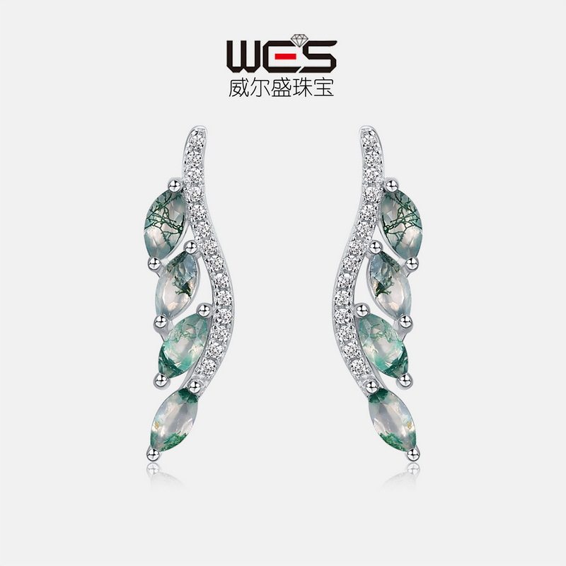 个性树叶水晶绿苔藓石绝美耳钉S925银镀18K金镶水草玛瑙耳钩简约
