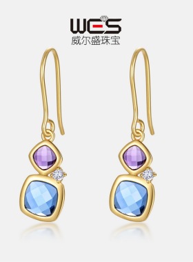 格子面糖果耳钩S925银镀18K金PT950铂金合成水晶彩宝耳饰简约轻奢