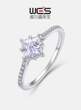 S925银镀18K金镶嵌彩宝宝石莫桑石戒指女款六爪方形指戒时尚气质