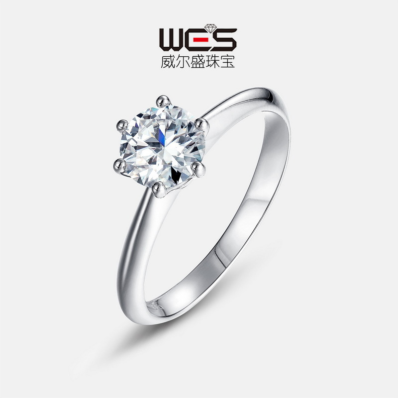 经典六爪镶嵌莫桑石戒指女S925银镀18K金镶彩宝宝石1ct水晶钻戒