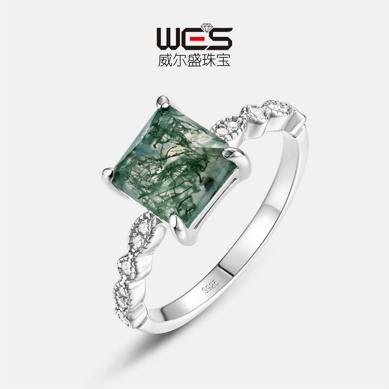 正方天然水草玛瑙戒指女S925银镀18K金PT950铂金镶绿苔藓石食指戒