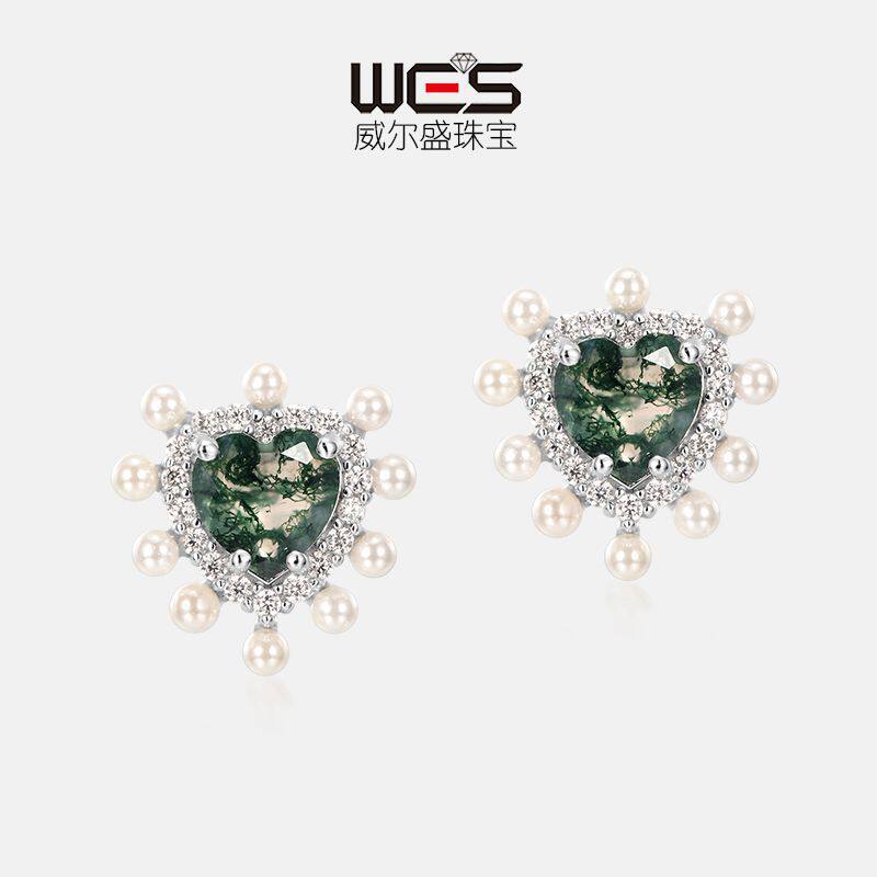 新品S925银镀18K金镶嵌彩宝宝石绿苔藓爱心耳钉轻奢高贵风石
