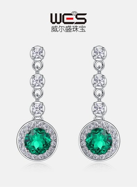 培育祖母绿耳坠S925银镀18K金PT950铂金圆形培育彩宝轻奢珠宝