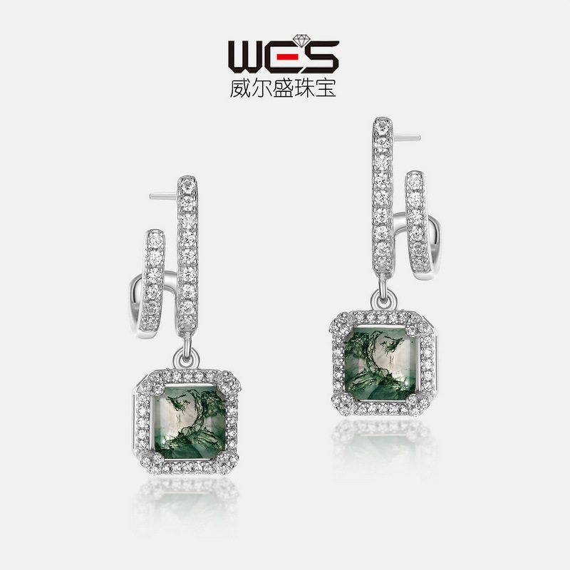 新品S925银镀18K金镶嵌彩宝宝石绿苔藓耳环女水草玛瑙耳坠风轻奢