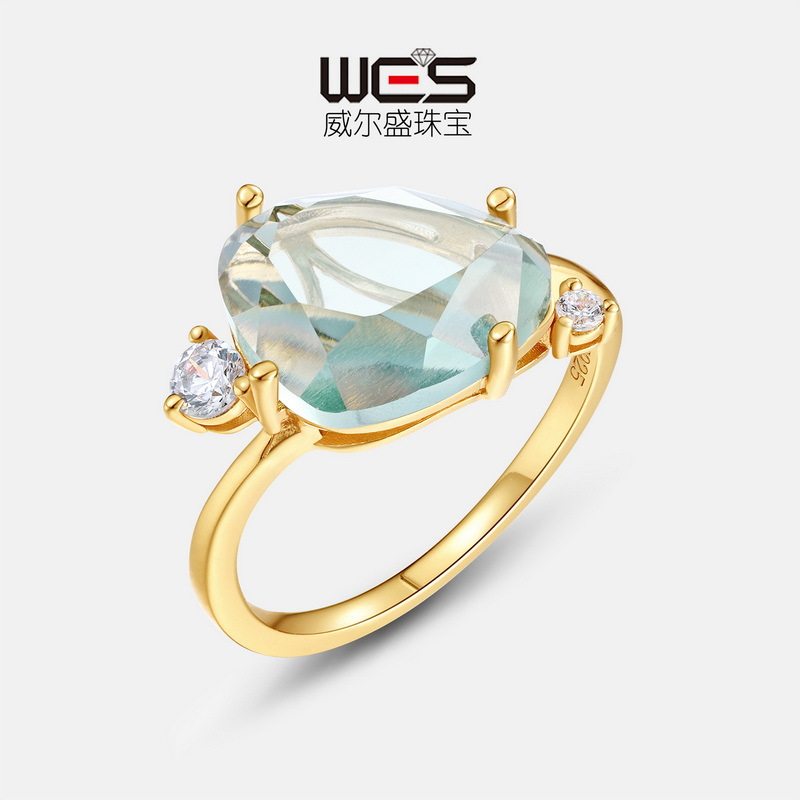新款简约大气合成水晶戒指S925银镀18K金镶嵌彩宝宝石合成指环