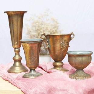 古典高脚杯花器花柱花瓶花盆复古做旧铁艺金属银色欧式 婚礼花瓮