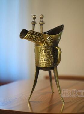 仿古酒杯酒具青铜器摆件三角杯古代酒樽西安古风拍摄道具