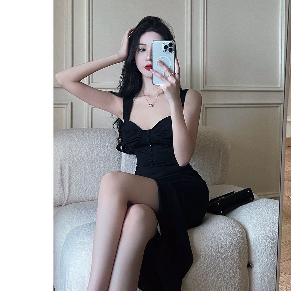 생일 드레스 가운 하이엔드 라이트 럭셔리 틈새 스타일 드레스 보통 블랙 서스펜더 드레스를 입을 수 있습니다