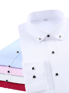 Business Fit Solid Button Men's Shirt商务修身纯色纽扣衬衣男