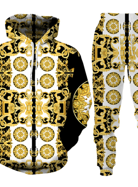 Simple 3D printed hooded pants suit 简约3D印花连帽卫裤套装男