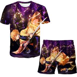 3D printing round neck T-shirt suit for men3D印花圆领T恤套装