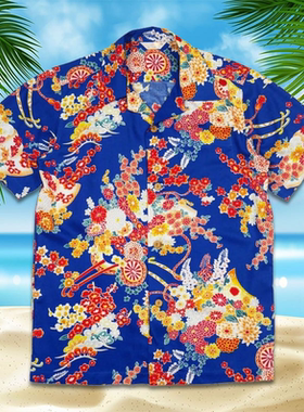Printed short sleeve loose lapel shirt印花短袖宽松翻领衬衫男