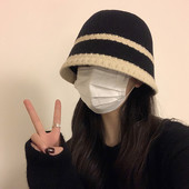 显脸小渔夫帽女秋冬季 2025新款 百搭针织毛线盆帽黑色素颜水桶帽子