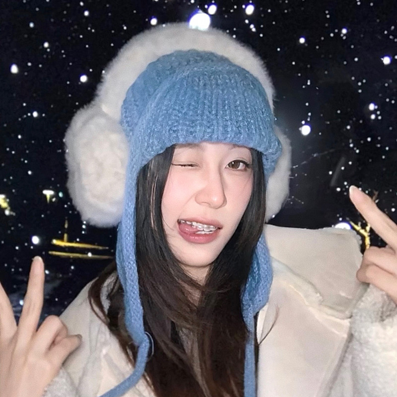 蓝色显白~韩国针织护耳帽子女2025新款冬季巴拉克拉毛线帽雷锋帽
