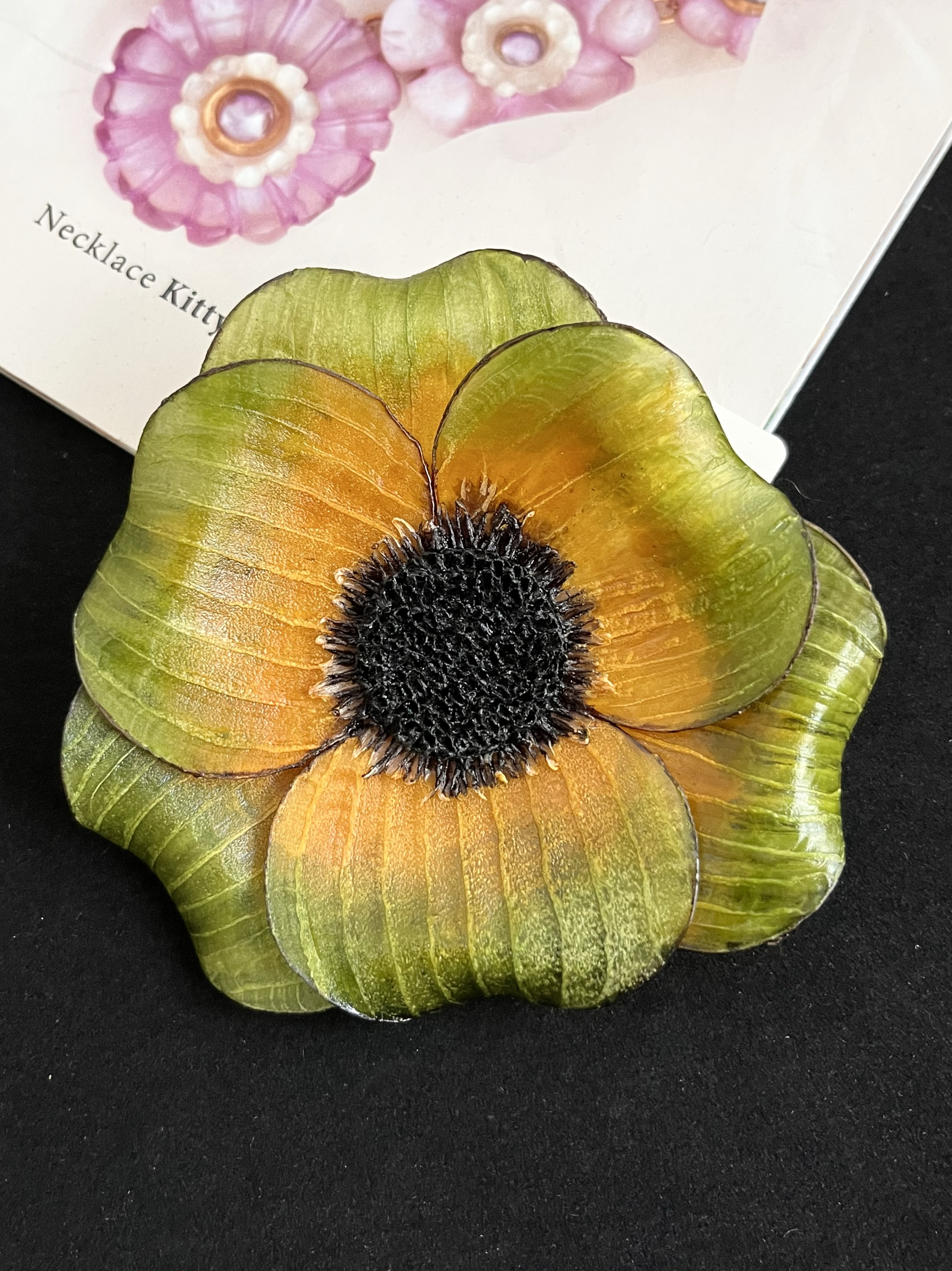 【任四月中古首饰】Cilea Paris黄绿树脂花朵胸针 Vintage中古