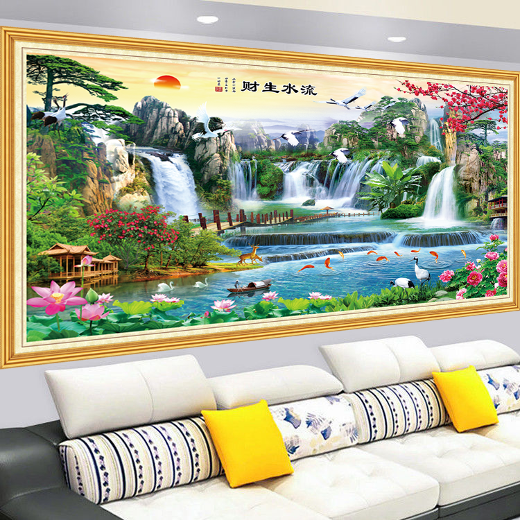 风水招财中堂贴画客厅装饰画流水生财山水风景画沙发背景墙壁贴画,家居饰品,现代装饰画,淘宝优惠券,粉丝福利购,淘宝优惠卷