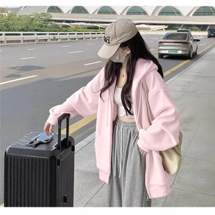 粉色连帽早秋外套女2025新款 韩系拉链小个子即墨卫衣 休闲开衫 春款