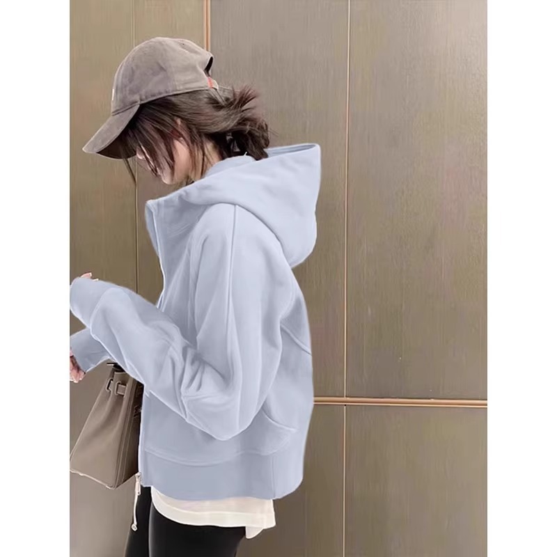 藍(lán)色短衛(wèi)衣外套女春秋2025新款連帽早春chic上衣小個(gè)子初春季穿搭