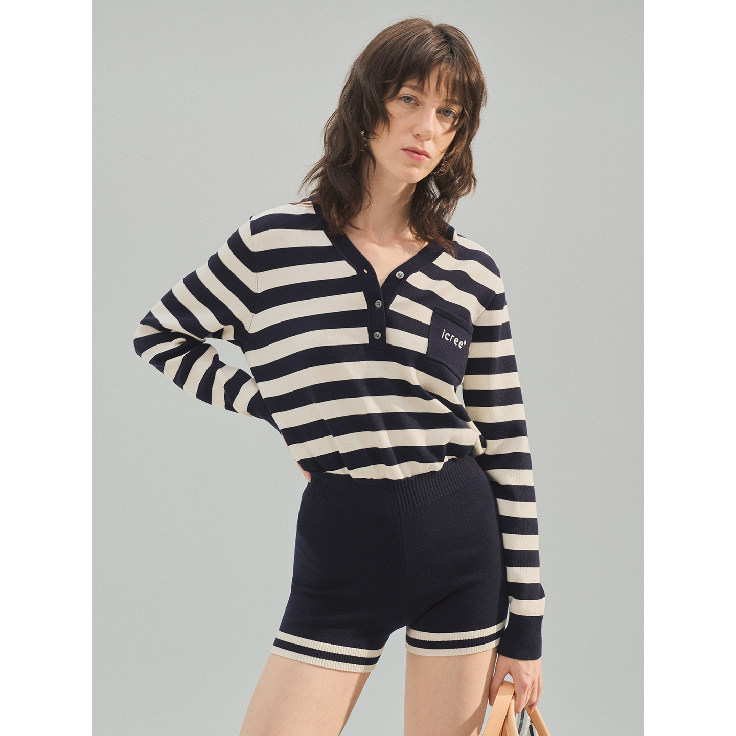 ICREE网球运动长袖针织连体裤 训练羽毛球健身条纹polo领撞色短裤