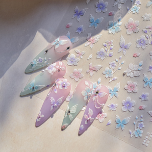 tomoni浮雕美甲贴纸 日系文具手机美甲指甲贴刺绣蝴蝶花4795 爆款