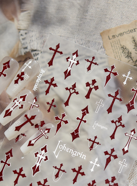 tomoni浮雕美甲贴纸爆款复古新中式指甲贴红色十字架贴纸素材5471