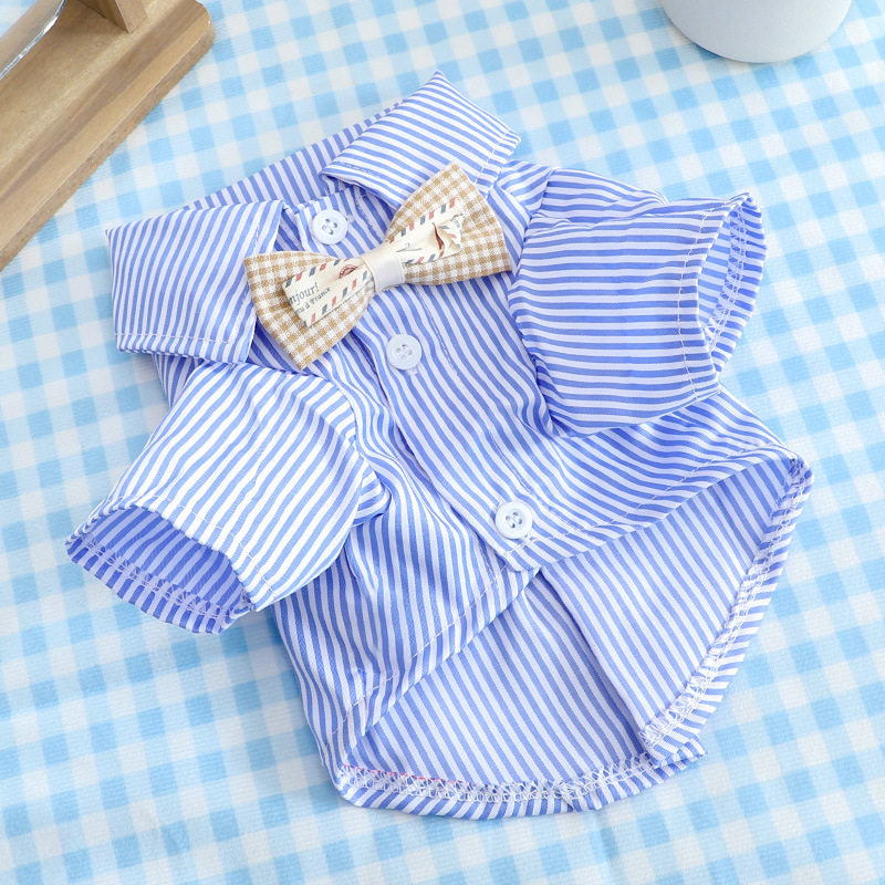 宠物短袖带领结条纹衬衫春夏季衣服泰迪柯基法斗贵宾小奶狗衣服夏