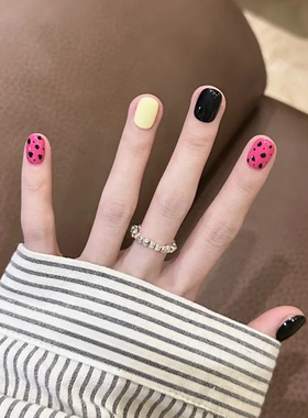 短款豹纹纯手工穿戴甲高级显白气质黑色跳色粉色豹纹美甲贴片成品